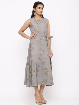 Women's  grey Cotton Floral Printed Tired Kurta 5