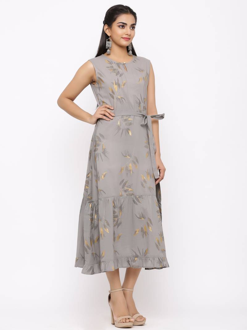 Women's  grey Cotton Floral Printed Tired Kurta
