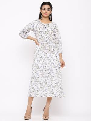 Women's  white Cotton Floral Printed A-line Kurta 1