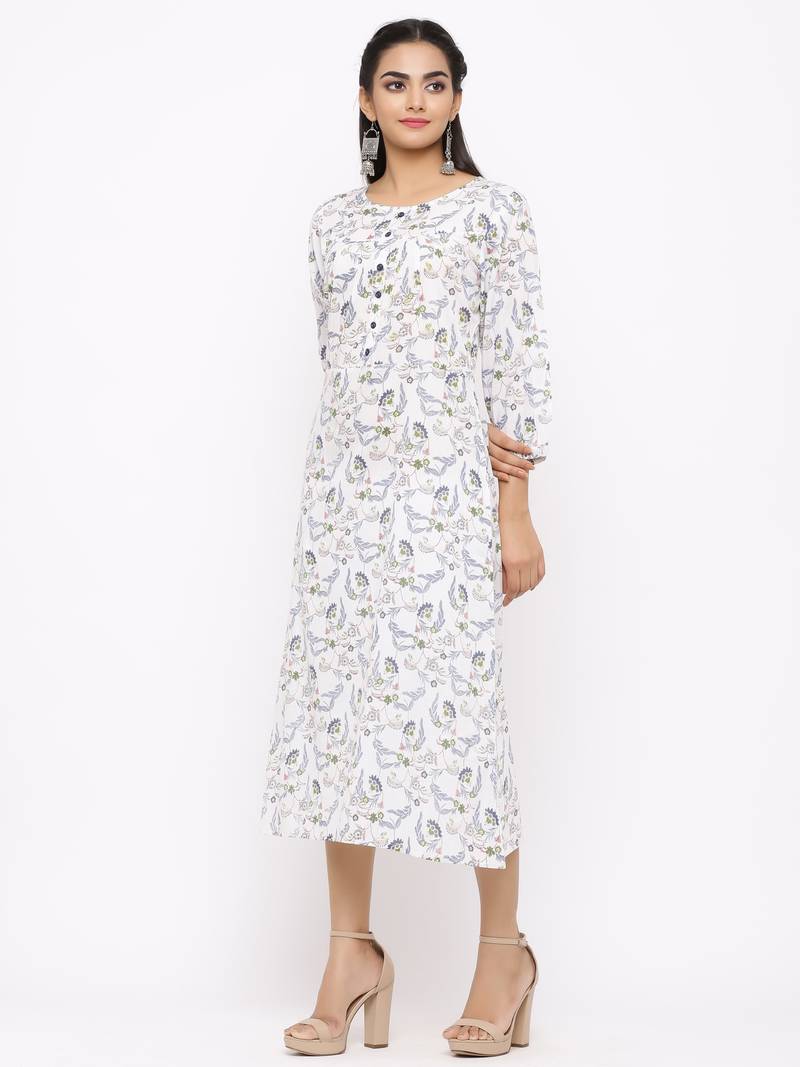 Women's  white Cotton Floral Printed A-line Kurta