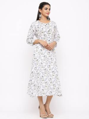 Women's  white Cotton Floral Printed A-line Kurta 3
