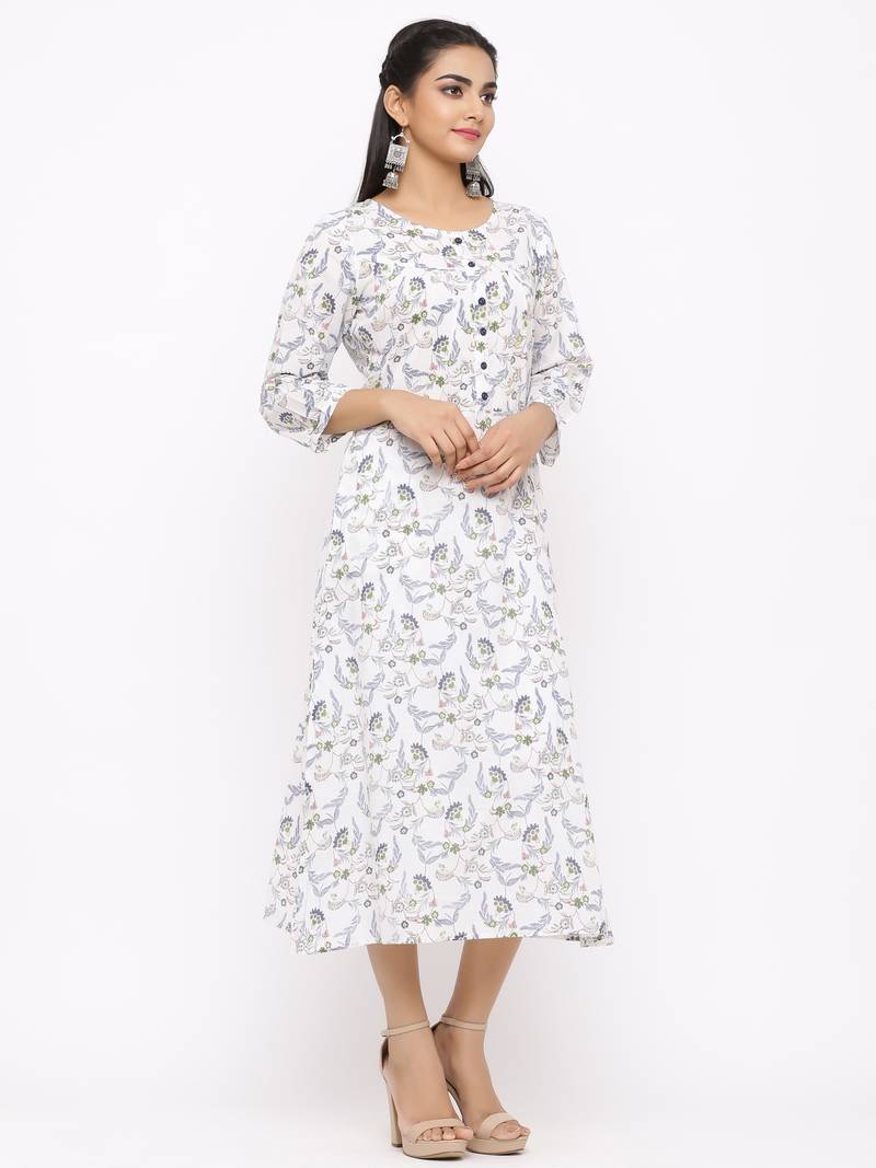 Women's  white Cotton Floral Printed A-line Kurta