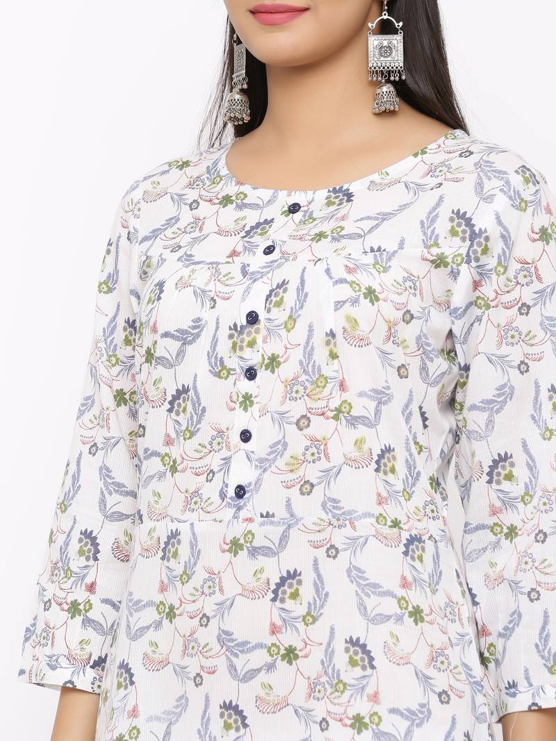 Women's  white Cotton Floral Printed A-line Kurta