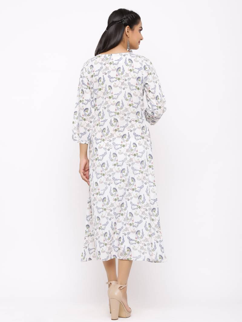 Women's  white Cotton Floral Printed A-line Kurta