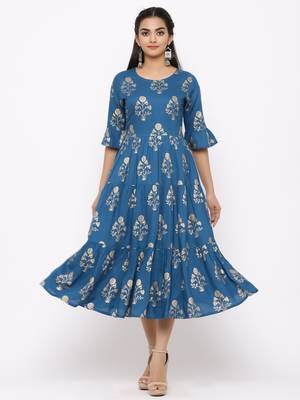 Women's  blue Rayon Printed Tired Kurta 1