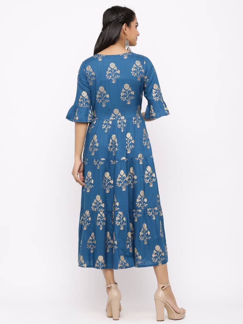 Women's  blue Rayon Printed Tired Kurta