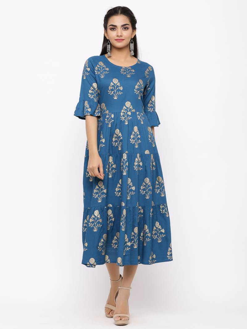 Women's  blue Rayon Printed Tired Kurta