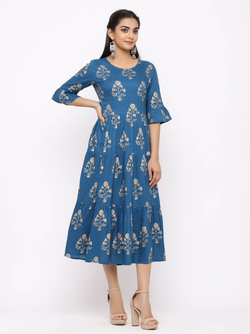 Women's  blue Rayon Printed Tired Kurta