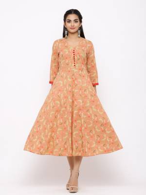 Women's  peach Cotton Printed Anarkali Kurta 1