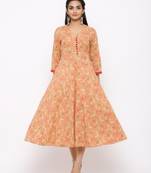 Women's  peach Cotton Printed Anarkali Kurta
