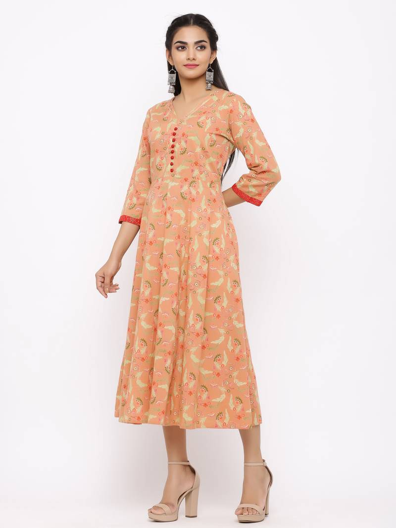 Women's  peach Cotton Printed Anarkali Kurta