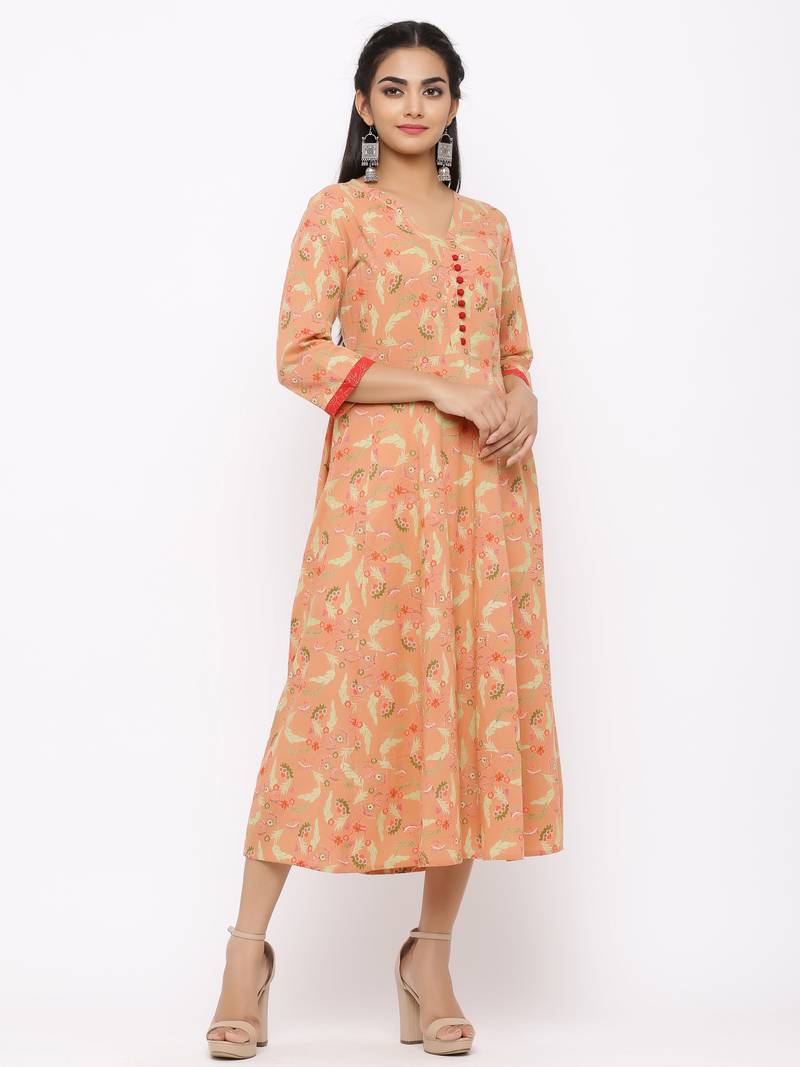 Women's  peach Cotton Printed Anarkali Kurta