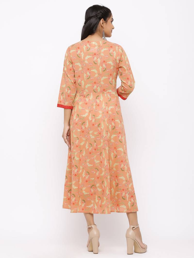 Women's  peach Cotton Printed Anarkali Kurta