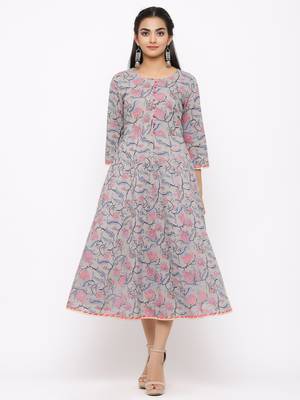 Women's  grey Cotton Printed Anarkali Kurta 1