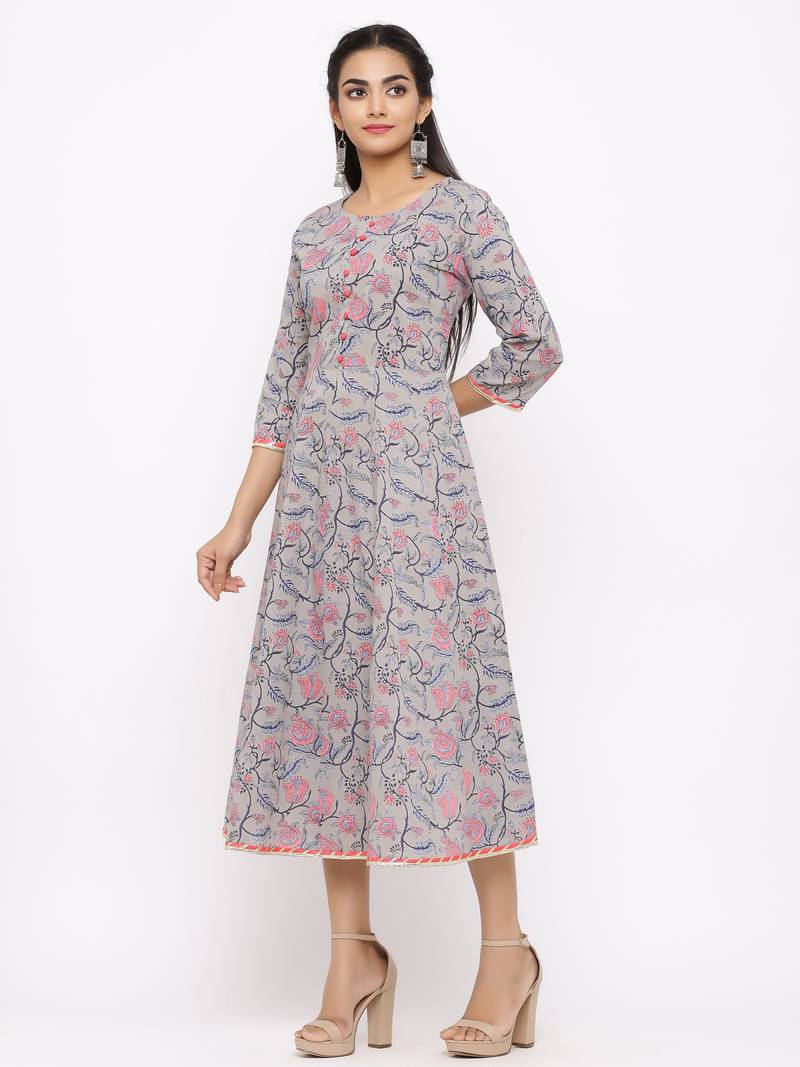 Women's  grey Cotton Printed Anarkali Kurta