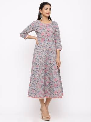 Women's  grey Cotton Printed Anarkali Kurta 3