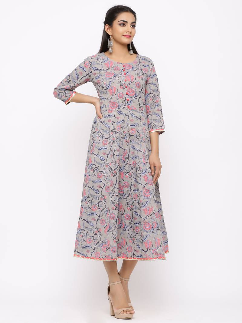 Women's  grey Cotton Printed Anarkali Kurta