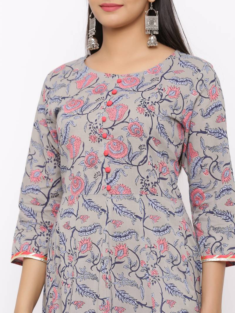 Women's  grey Cotton Printed Anarkali Kurta