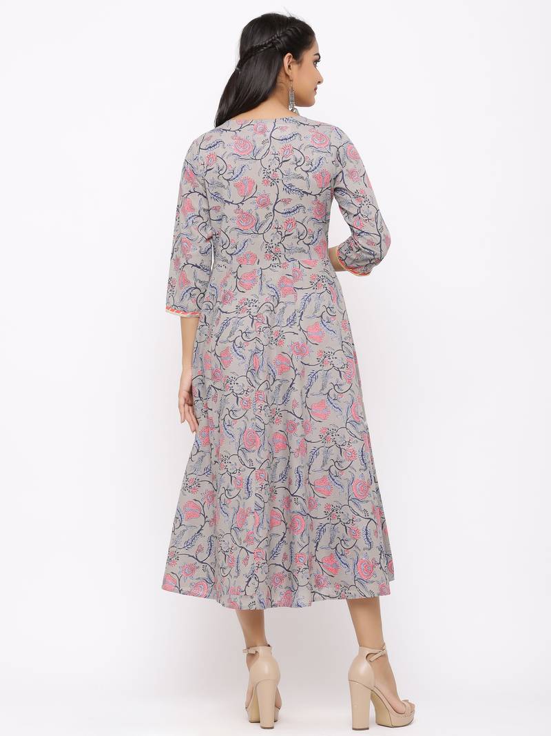 Women's  grey Cotton Printed Anarkali Kurta