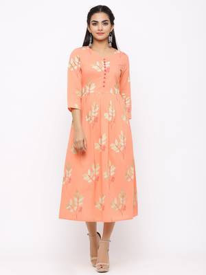 Women's  peach Cotton Printed A-line Kurta 1