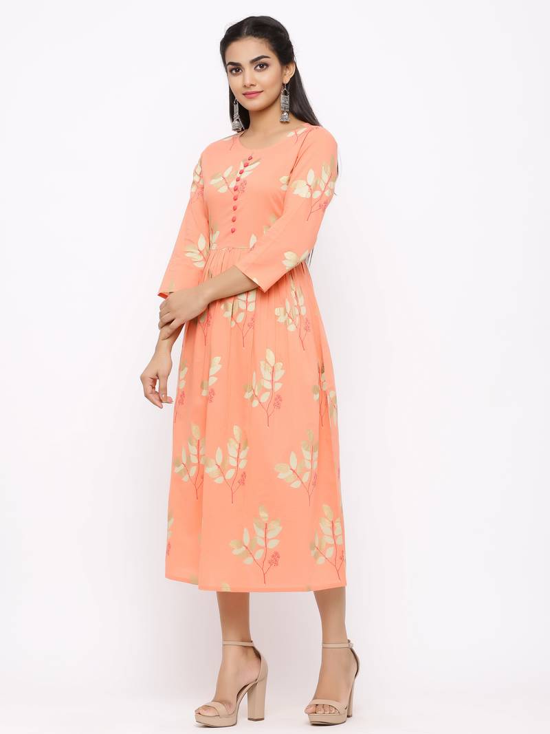 Women's  peach Cotton Printed A-line Kurta