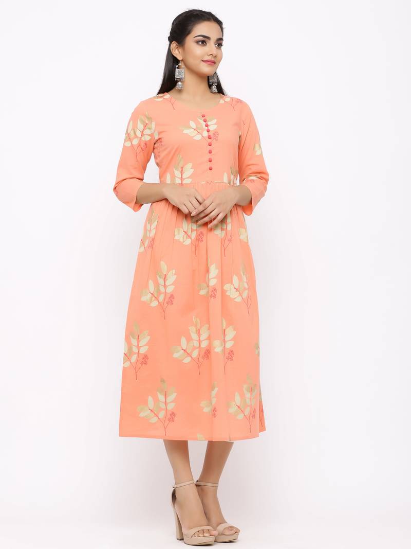 Women's  peach Cotton Printed A-line Kurta