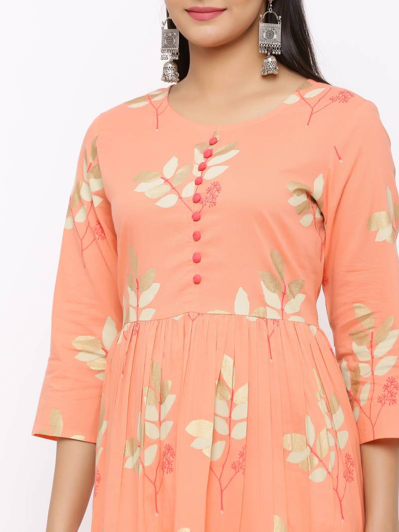 Women's  peach Cotton Printed A-line Kurta