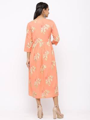 Women's  peach Cotton Printed A-line Kurta 5