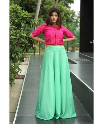 Pink Green Silk Slub georgette crop top and skirt 1