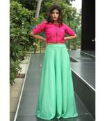 Pink Green Silk Slub georgette crop top and skirt