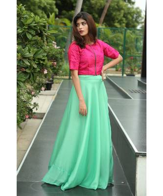 Pink Green Silk Slub georgette crop top and skirt 2