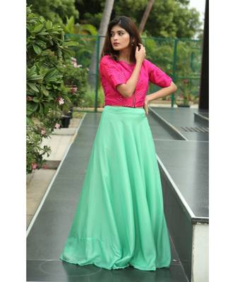 Pink Green Silk Slub georgette crop top and skirt 3