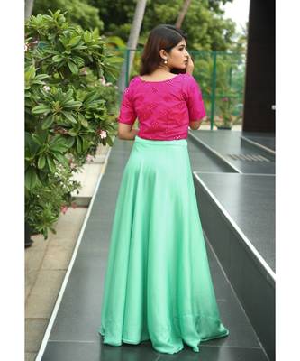 Pink Green Silk Slub georgette crop top and skirt 4