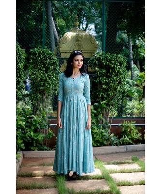 Blue Cotton slub Fit and Flare Dress 2