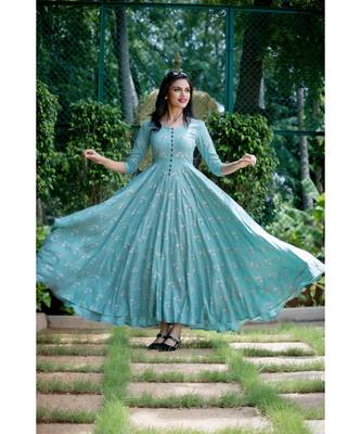 Blue Cotton slub Fit and Flare Dress 5