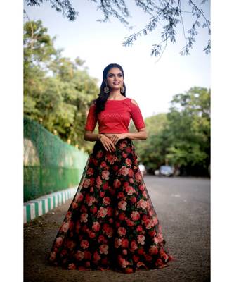 Red Black Organza Crop top and Skirt 3