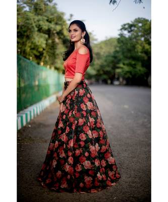 Red Black Organza Crop top and Skirt 4
