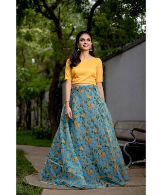 Yellow Blue Organza Crop top and Skirt 1