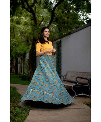 Yellow Blue Organza Crop top and Skirt 2