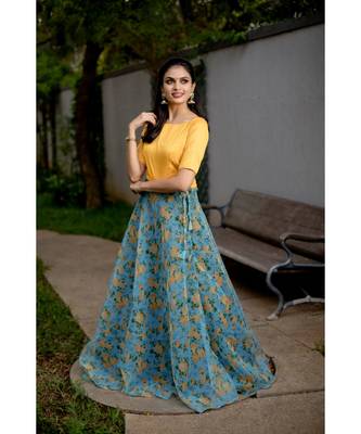 Yellow Blue Organza Crop top and Skirt 3