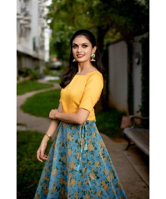 Yellow Blue Organza Crop top and Skirt 4