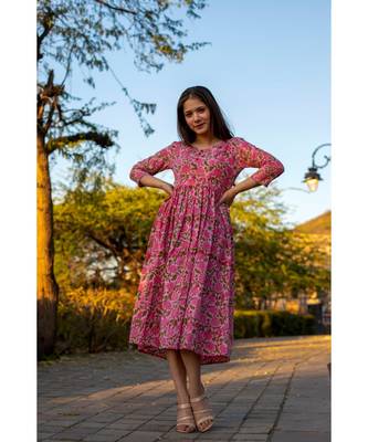 Pink Cotton  Hand Block Printed Midi  Dress 1