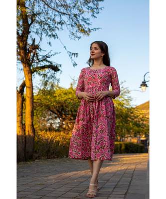 Pink Cotton  Hand Block Printed Midi  Dress 2
