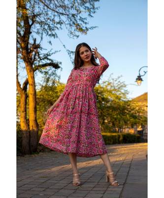 Pink Cotton  Hand Block Printed Midi  Dress 3