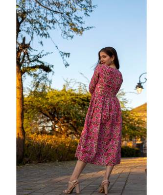 Pink Cotton  Hand Block Printed Midi  Dress 4