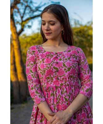 Pink Cotton  Hand Block Printed Midi  Dress 5