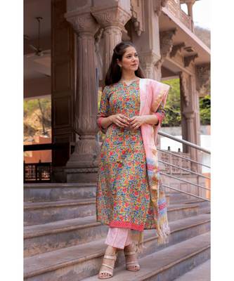 Hand Block Printed  Cotton Kurta,Pants and Kota Dupatta Set 1