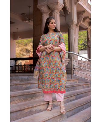 Hand Block Printed  Cotton Kurta,Pants and Kota Dupatta Set 3