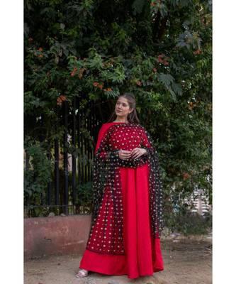 Silk Slub   Fit and Flare Anarkali with Embroidered Net Dupatta 1
