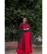 Silk Slub   Fit and Flare Anarkali with Embroidered Net Dupatta